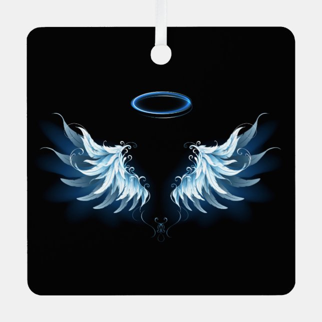 Blue Glowing Angel Wings on black background Metal Tree Decoration (Front)