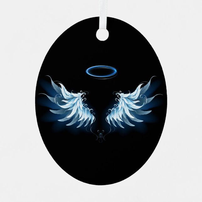 Blue Glowing Angel Wings on black background Metal Tree Decoration (Front)