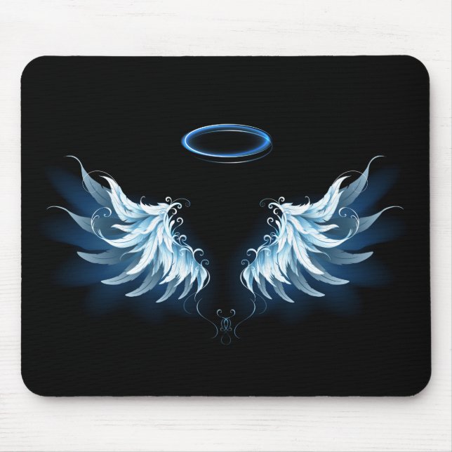Blue Glowing Angel Wings on black background Mouse Pad (Front)