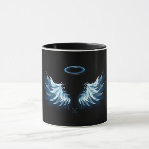 Blue Glowing Angel Wings on black background Mug