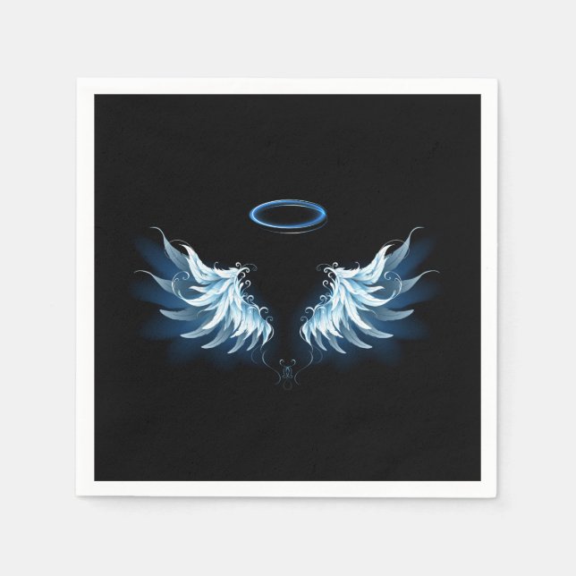 Blue Glowing Angel Wings on black background Napkin (Front)