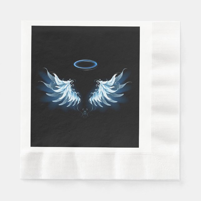 Blue Glowing Angel Wings on black background Napkin (Front)