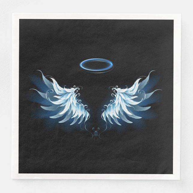 Blue Glowing Angel Wings on black background Napkin (Front)