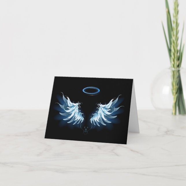 Blue Glowing Angel Wings on black background Note Card (Front)