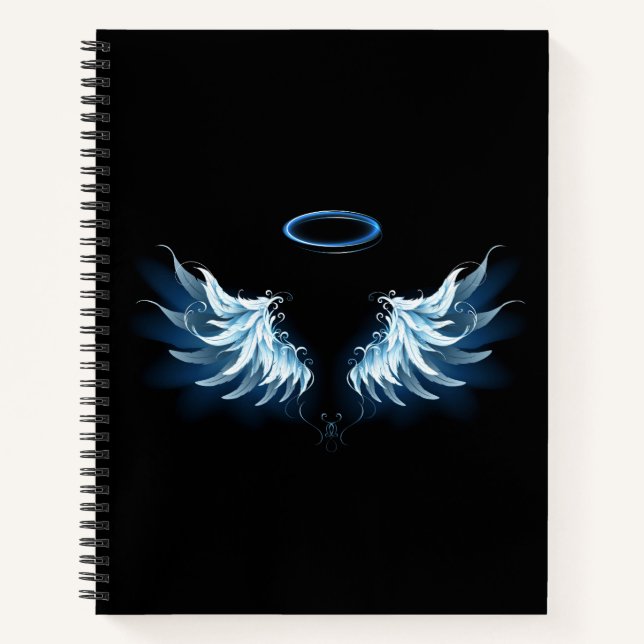 Blue Glowing Angel Wings on black background Notebook (Front)