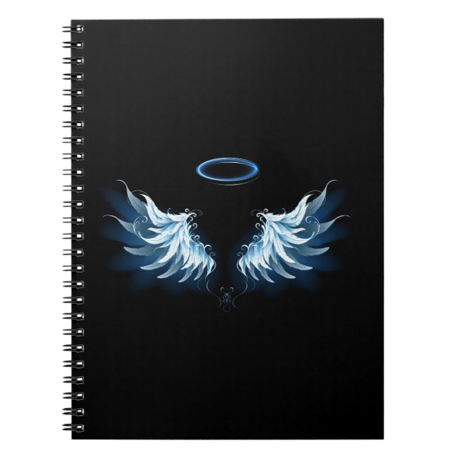 Blue Glowing Angel Wings on black background Notebook (Front)