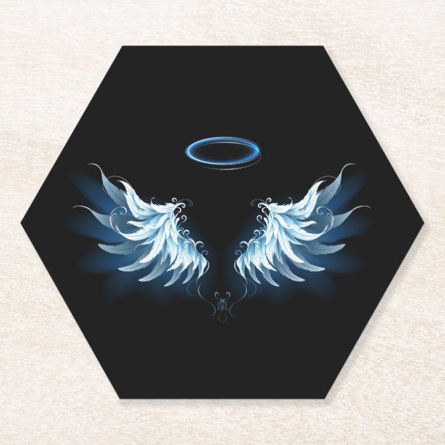 Blue Glowing Angel Wings on black background Paper Coaster (Front)