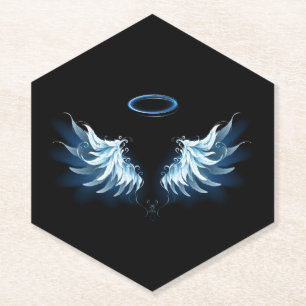 Blue Glowing Angel Wings on black background Paper Coaster