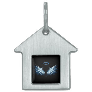 Blue Glowing Angel Wings on black background Pet ID Tag