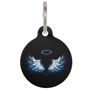 Blue Glowing Angel Wings on black background Pet Tag