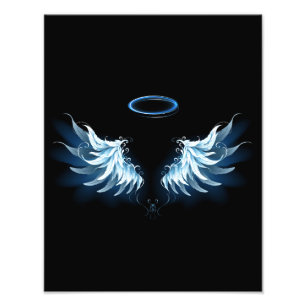 Blue Glowing Angel Wings on black background Photo Print
