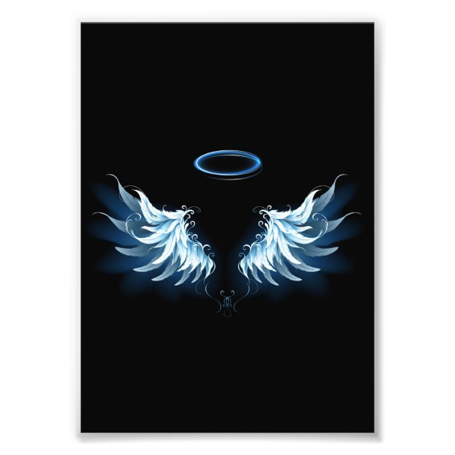 Blue Glowing Angel Wings on black background Photo Print (Front)