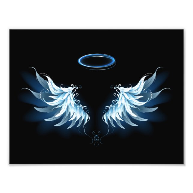 Blue Glowing Angel Wings on black background Photo Print (Front)