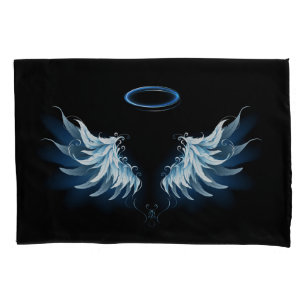 Blue Glowing Angel Wings on black background Pillowcase