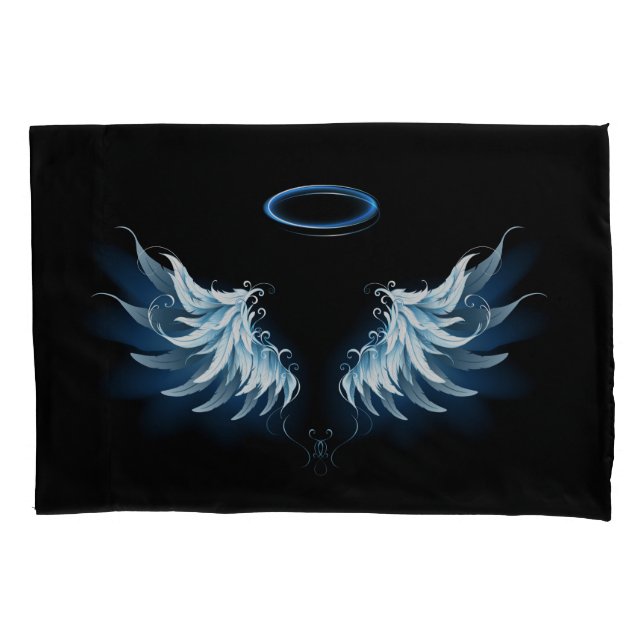 Blue Glowing Angel Wings on black background Pillowcase (Front)