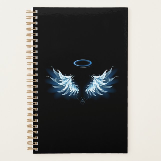 Blue Glowing Angel Wings on black background Planner (Front)
