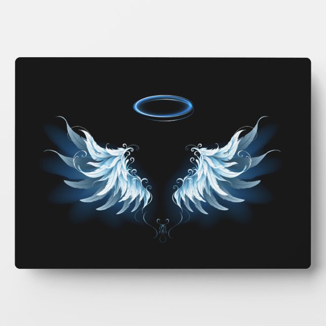 Blue Glowing Angel Wings on black background Plaque (Front)