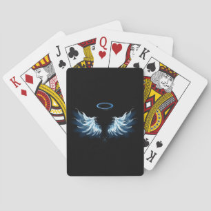 Blue Glowing Angel Wings on black background Playing Cards