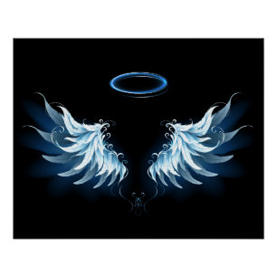 Blue Glowing Angel Wings on black background Poster