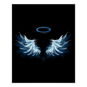 Blue Glowing Angel Wings on black background Poster