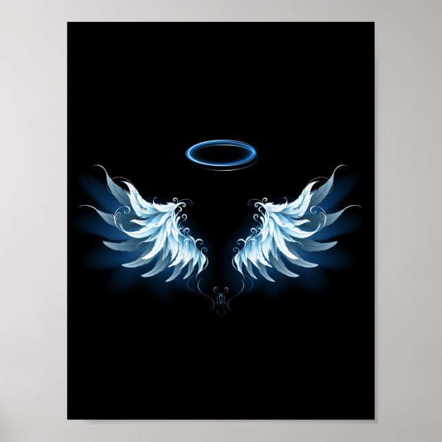 Blue Glowing Angel Wings on black background Poster (Front)
