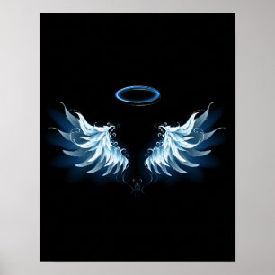 Blue Glowing Angel Wings on black background Poster
