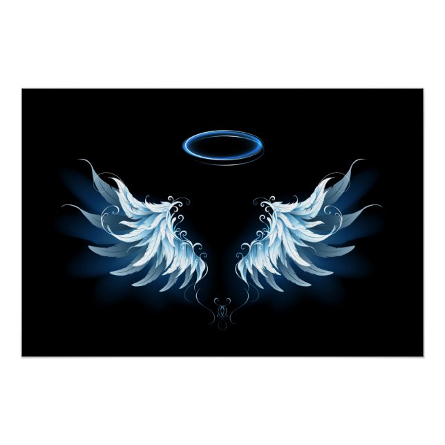 Blue Glowing Angel Wings on black background Poster (Front)