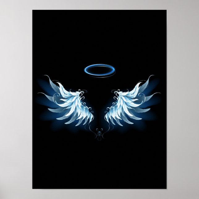 Blue Glowing Angel Wings on black background Poster (Front)
