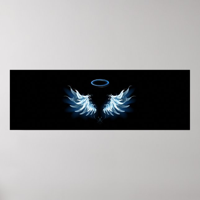 Blue Glowing Angel Wings on black background Poster (Front)