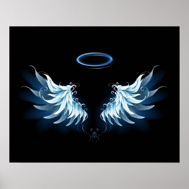 Blue Glowing Angel Wings on black background Poster (Front)