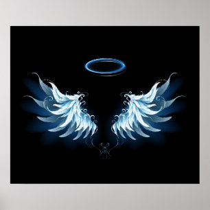 Blue Glowing Angel Wings on black background Poster