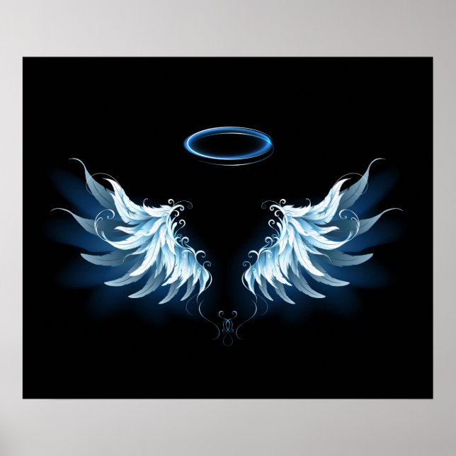 Blue Glowing Angel Wings on black background Poster (Front)