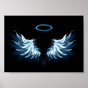 Blue Glowing Angel Wings on black background Poster