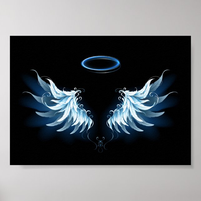Blue Glowing Angel Wings on black background Poster (Front)
