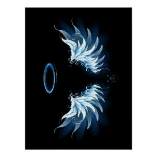 Blue Glowing Angel Wings on black background Poster