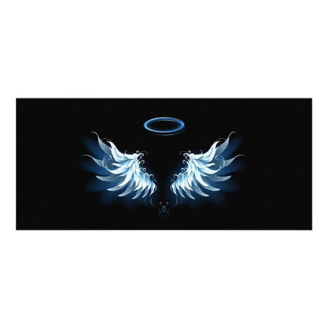 Blue Glowing Angel Wings on black background Rack Card (Front)
