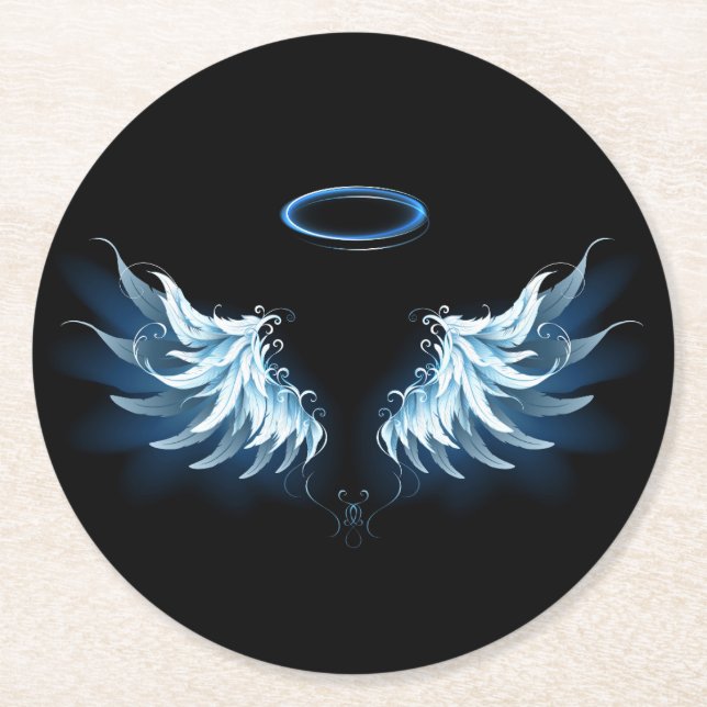Blue Glowing Angel Wings on black background Round Paper Coaster (Front)