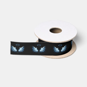 Blue Glowing Angel Wings on black background Satin Ribbon
