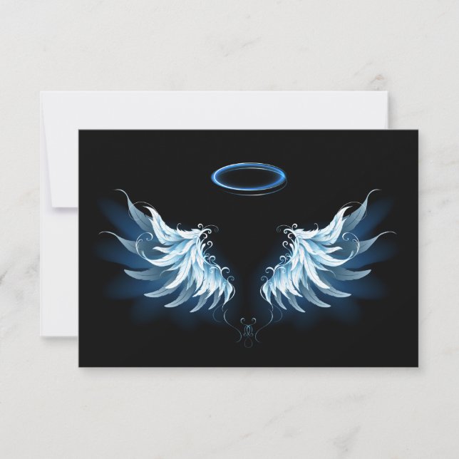 Blue Glowing Angel Wings on black background Save The Date (Front)