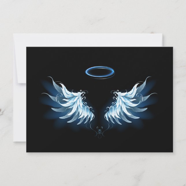 Blue Glowing Angel Wings on black background Save The Date (Front)