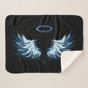 Blue Glowing Angel Wings on black background Sherpa Blanket