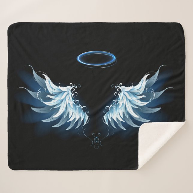 Blue Glowing Angel Wings on black background Sherpa Blanket (Front (Horizontal))