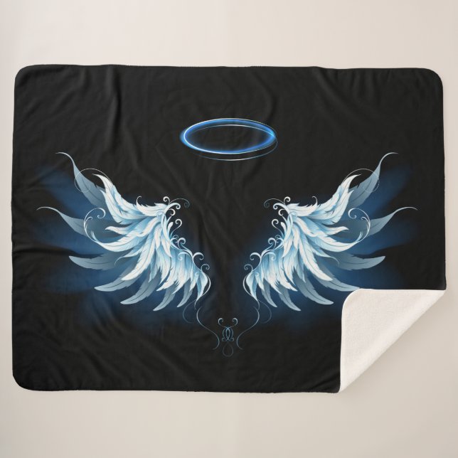 Blue Glowing Angel Wings on black background Sherpa Blanket (Front (Horizontal))