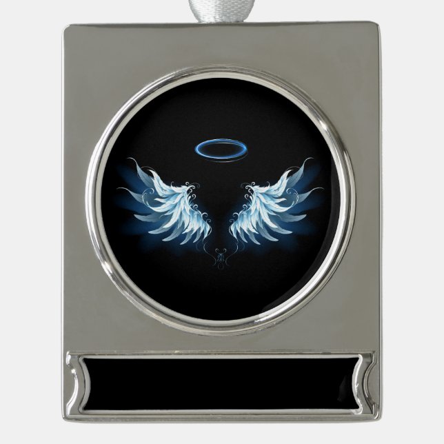 Blue Glowing Angel Wings on black background Silver Plated Banner Ornament (Front)