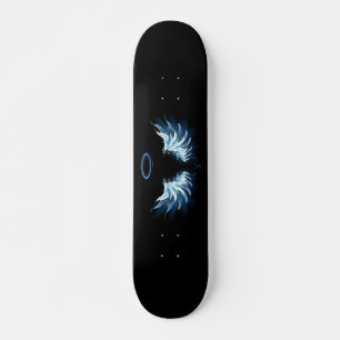 Blue Glowing Angel Wings on black background Skateboard