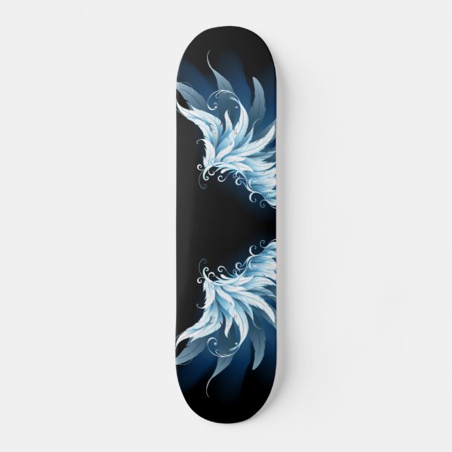 Blue Glowing Angel Wings on black background Skateboard (Front)