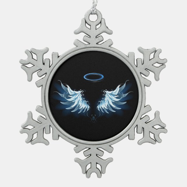 Blue Glowing Angel Wings on black background Snowflake Pewter Christmas Ornament (Front)