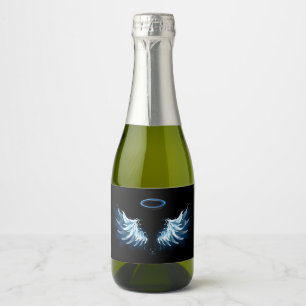 Blue Glowing Angel Wings on black background Sparkling Wine Label
