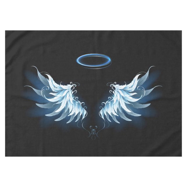 Blue Glowing Angel Wings on black background Tablecloth (Front (Horizontal))