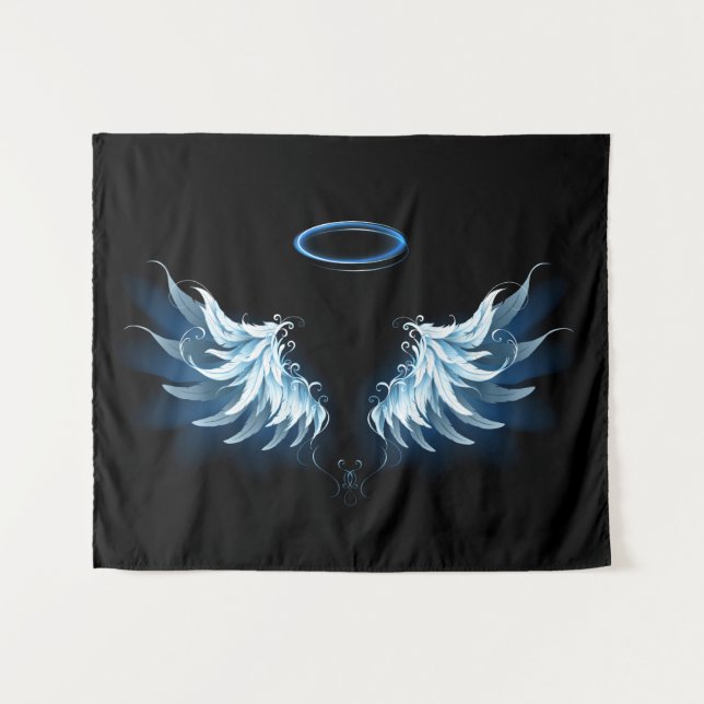 Blue Glowing Angel Wings on black background Tapestry (Front (Horizontal))